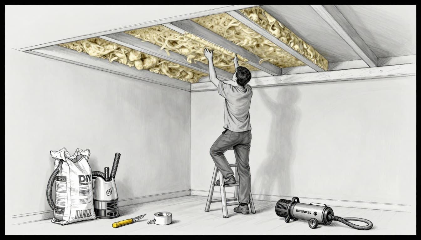 Hand-drawn graphite sketch of a DIY insulation setup in a home attic, showing one person on a ladder placing mineral wool panels between ceiling beams, with a cellulose blower machine, hose, material bags, and simple tools like knife and tape on a light gray background.