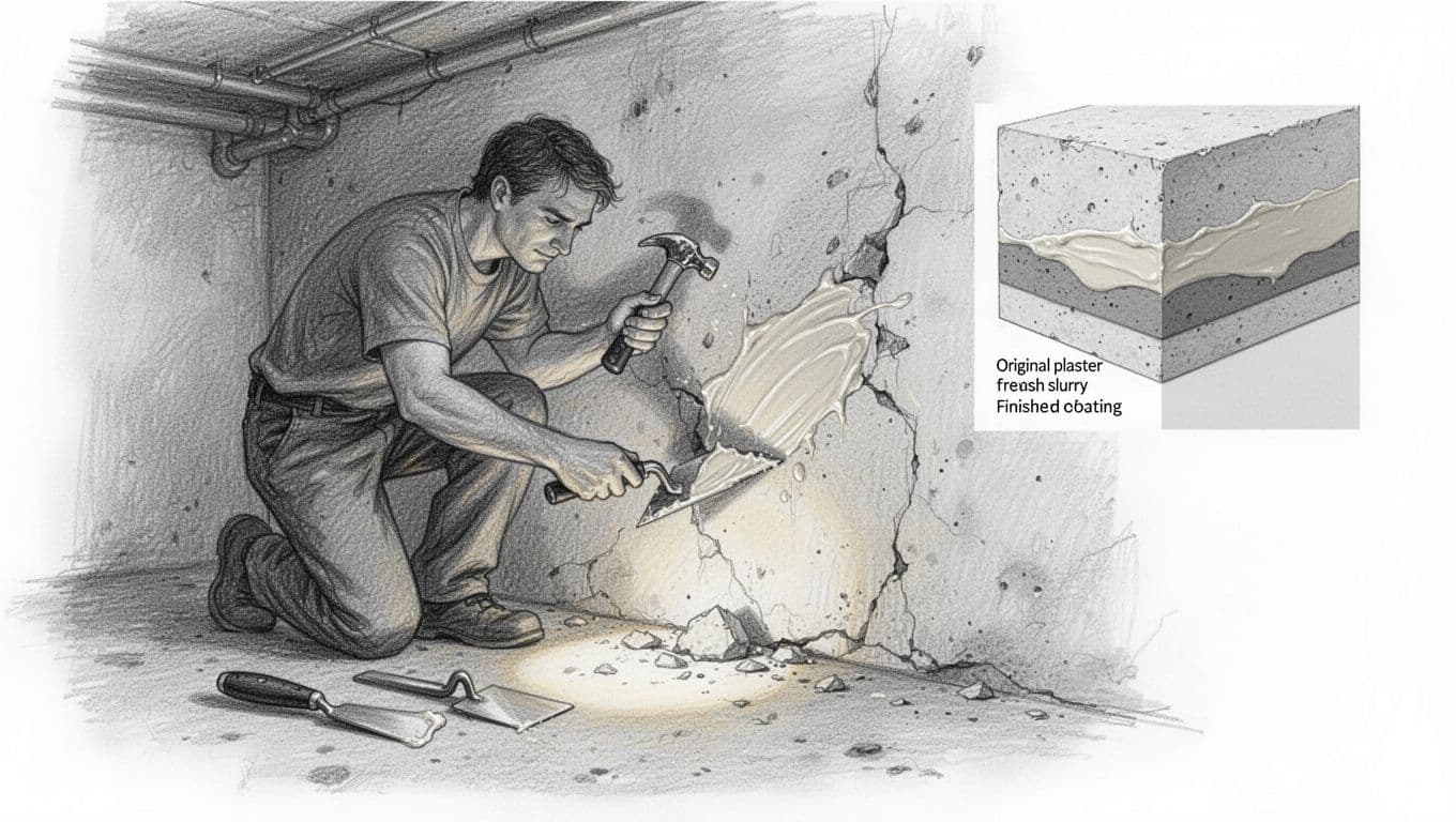 Hand-drawn graphite sketch of a person in a dimly lit basement removing old plaster from a damp wall with hammer and chisel, then applying a 3mm schlämme layer using a trowel, with tools on the floor and a cross-section inset showing old wall, schlämme, and sanierputz layers.