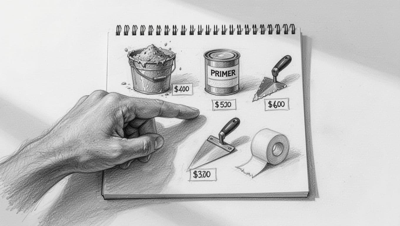 Hand-drawn graphite sketch of a notepad detailing costs for DIY basement interior waterproofing, including mineral slurry (20-60 €/m²), primer, tools, totaling around 50 €/m², with savings icons and a relaxed hand pointing to tips.