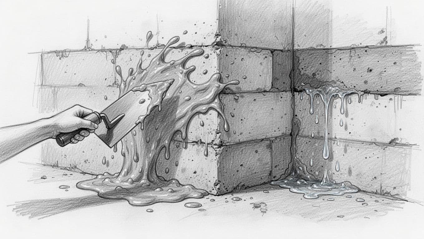 Hand-drawn graphite sketch on white background showing typical DIY basement waterproofing errors: left side with runny slurry mix from excess water, right side with unsealed corners leaking water, including warning icons and simple cross-section walls.