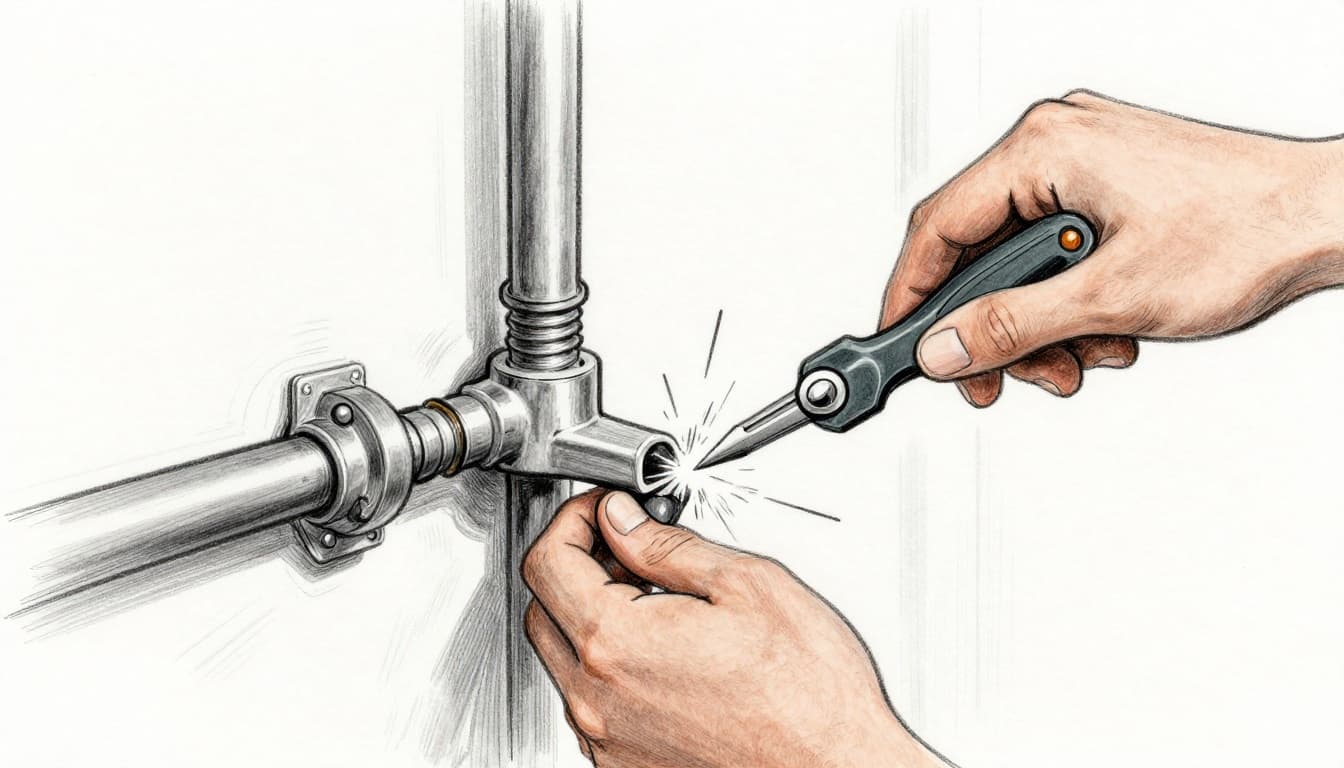 Hand-drawn graphite sketch of a handyman improperly tampering with a gas pipe or electrical switch in a bathroom, sparks and smoke signaling electric shock or gas leak dangers, with dramatic shading.