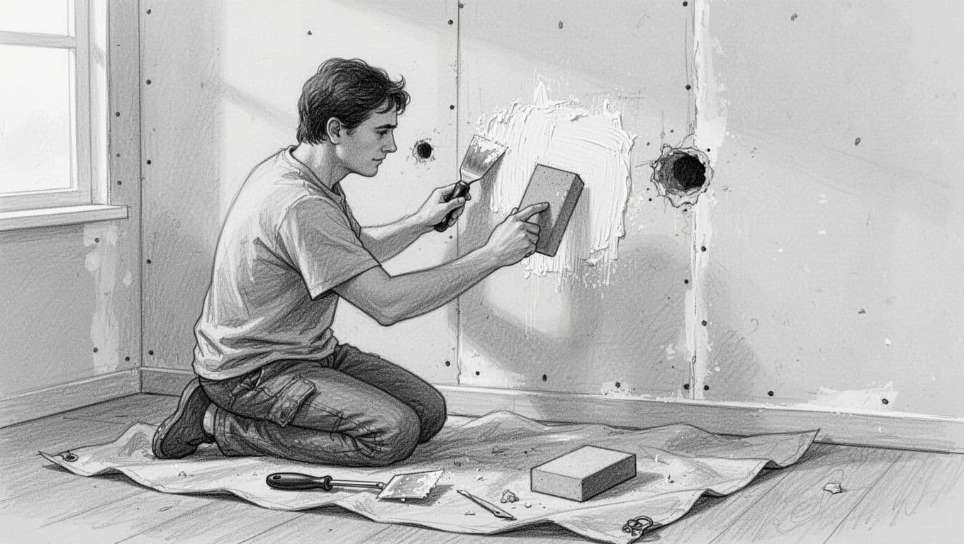 Hand-drawn graphite sketch illustrating a person repairing holes in gypsum board after wallpaper removal: applying joint compound with a putty knife to a small hole, inserting a paper patch or mesh tape over a larger hole, and sanding smooth with a fine block, with tools on a drop cloth.