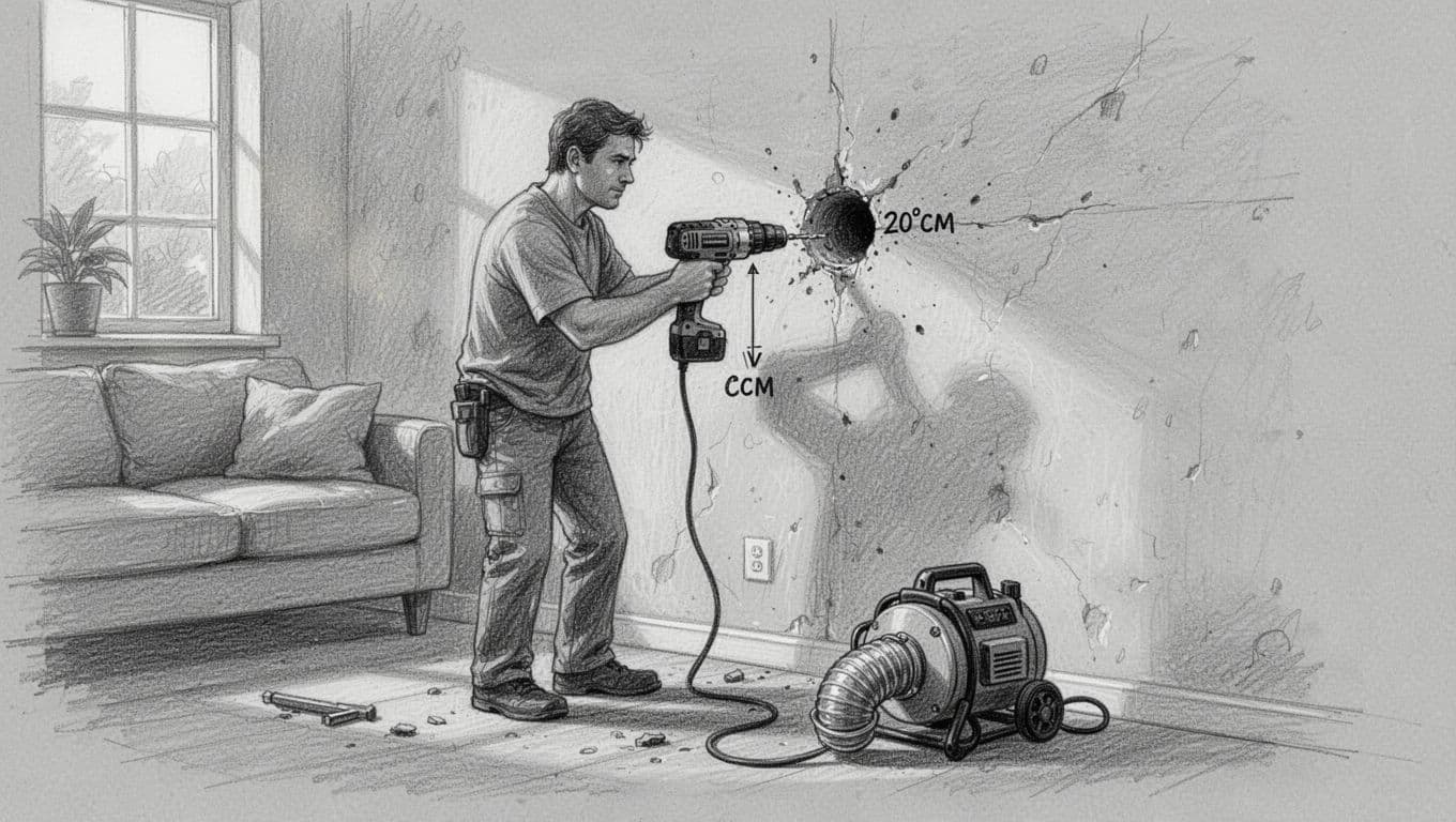 Hand-drawn graphite sketch of a homeowner carefully drilling a 20cm hole in an exterior wall for decentralized ventilation in a living room, with drill and device nearby.