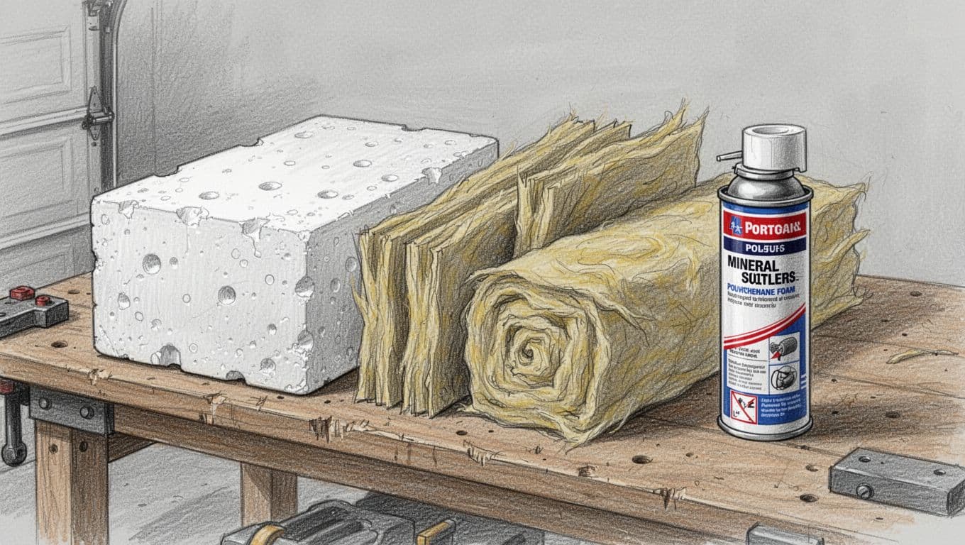 Hand-drawn graphite sketch comparing Styropor (EPS) plates, mineral wool strips, and PU foam canister on a wooden workbench in a garage workshop.