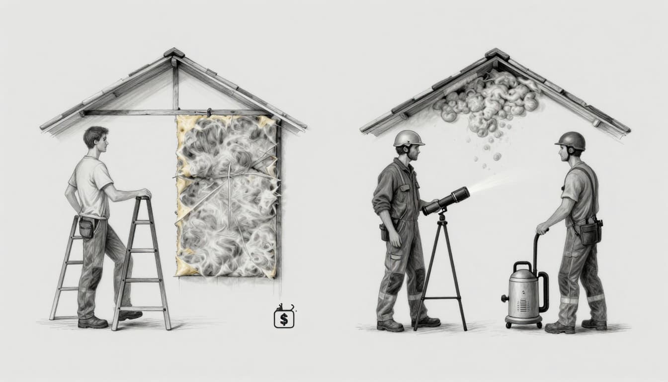 Hand-drawn graphite sketch contrasting DIY insulation by a homeowner with ladder and panels against professional installation by two workers using a blower machine for cellulose in the attic, with cost icons below on a light gray background.