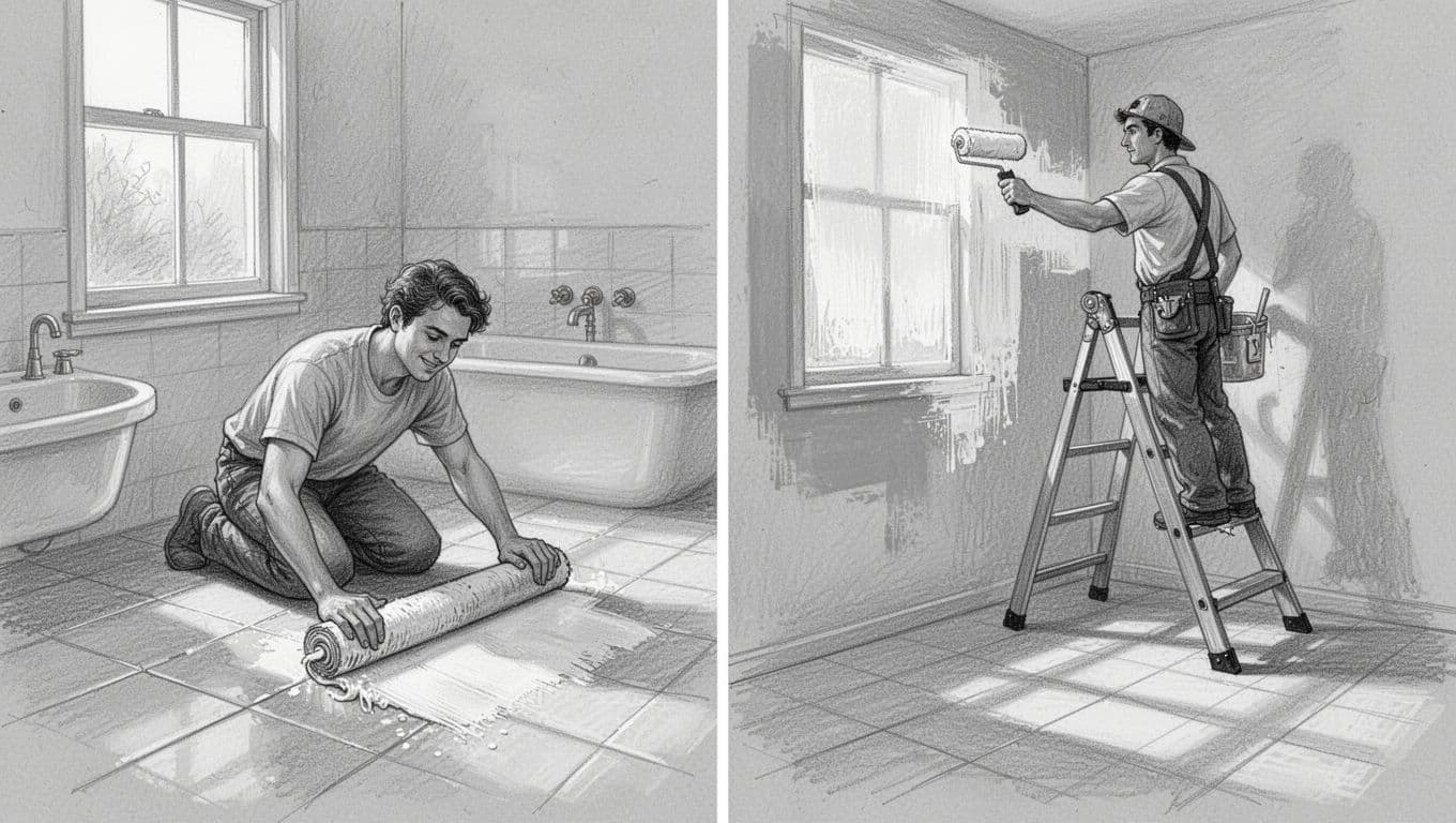 Hand-drawn graphite sketch in split view: left side a relaxed person rolling paint on bathroom tiles in DIY style, right side a professional painter with ladder and tools applying finish coat, light shading on clean light gray paper.