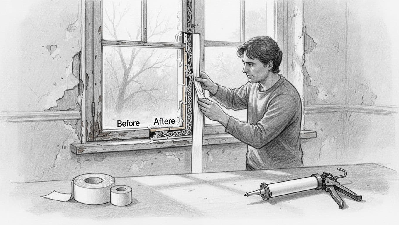 Hand-drawn graphite linework sketch of a person applying DIY insulation strip to a window frame in an old building interior, cross-section view showing thermal bridge before and after, with simple tools like foam tape and caulk gun nearby on a clean white background.