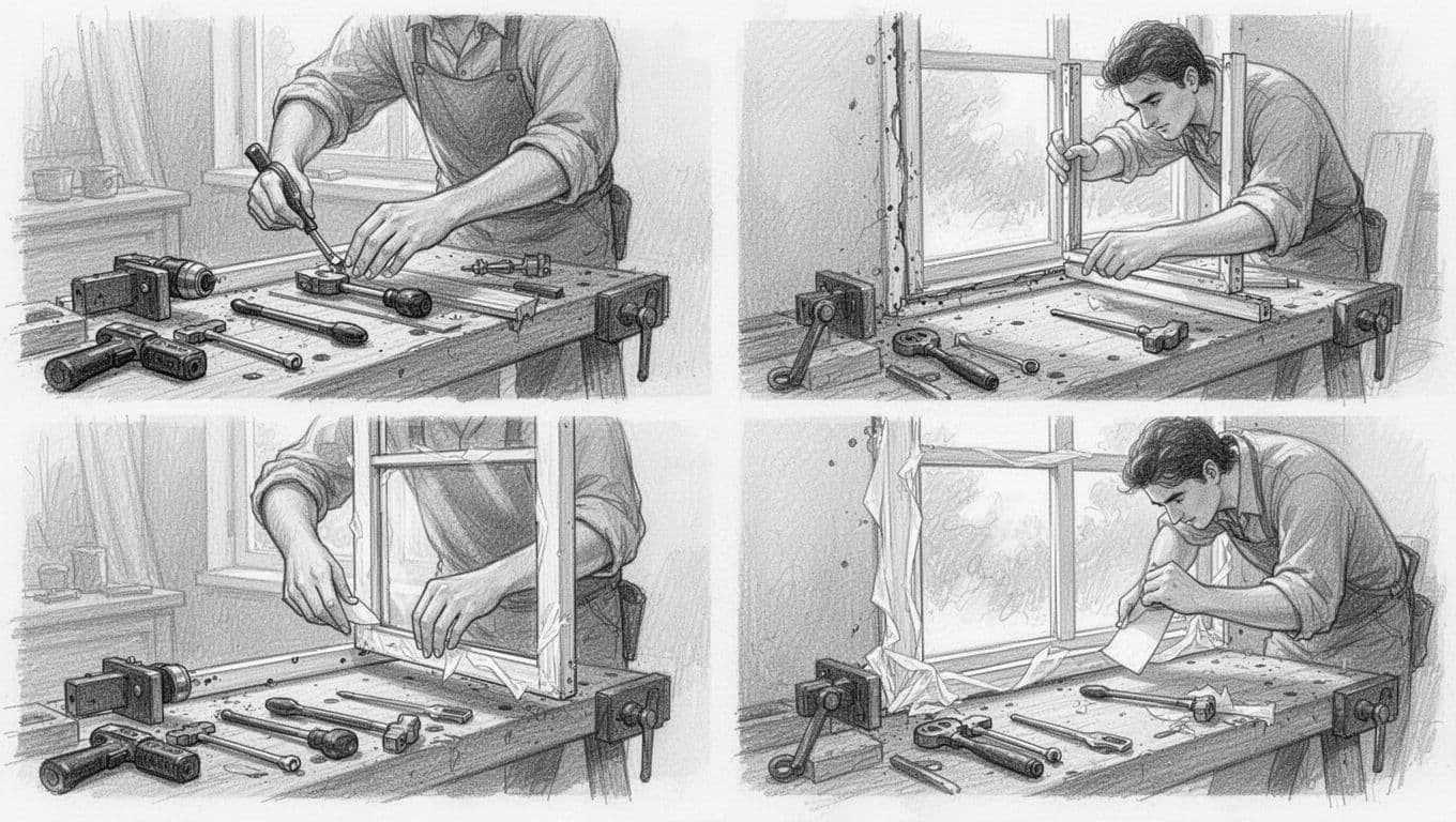 Hand-drawn graphite sketch on white background depicting four sequential panels of DIY window replacement: preparing tools on workbench, removing old frame, fitting new window, and applying sealing tape. Features one worker with two hands visible, light shading, no text or extra elements.