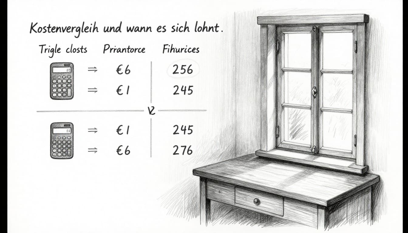 Hand-drawn pencil sketch on white paper featuring a cost comparison chart on a wooden desk next to an old Altbau window frame, with price tags, calculator showing amortization, euro symbols, and reduced heating bills.