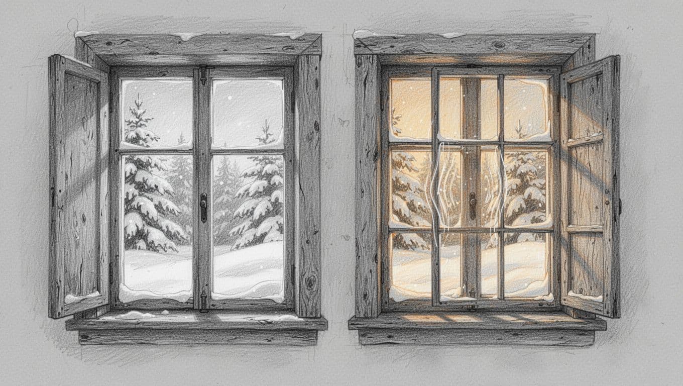 Bleistift-Skizze von zwei nebeneinanderstehenden alten Holzfensterrahmen aus einem Altbau: links Zweifachverglasung (zwei Scheiben), rechts Dreifachverglasung (drei Scheiben), winterliche Schneelandschaft draußen, warme Luftströmung innen beim Dreifachfenster durch wellige Linien dargestellt.