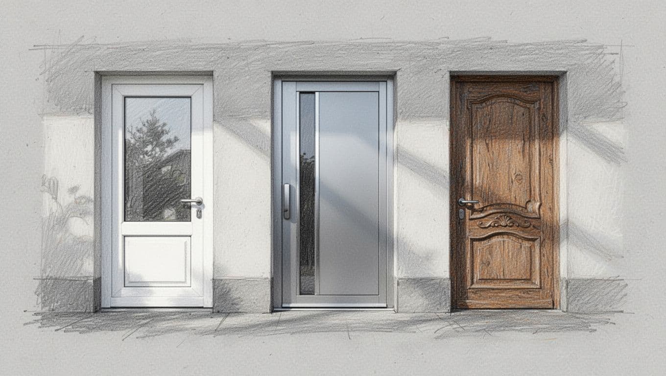 Handgezeichnete Graphitskizze von drei verschiedenen Haustüren nebeneinander vor einem einfachen Haus: glatte weiße PVC-Tür mit Glasfenster, silberne Aluminium-Tür mit schmalem Rahmen und rustikale braune Holz-Tür mit Schnitzereien.