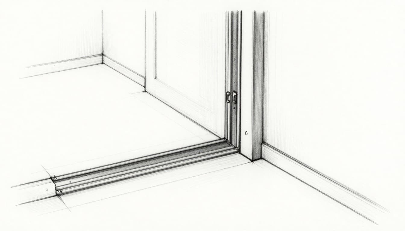 Hand-drawn graphite linework sketch depicting top-down view of floor and wall markings for door opening preparation in drywall (Trockenbauwand), outlining UW and CW metal profiles, lintel, and extra space for fittings in a simple room corner.