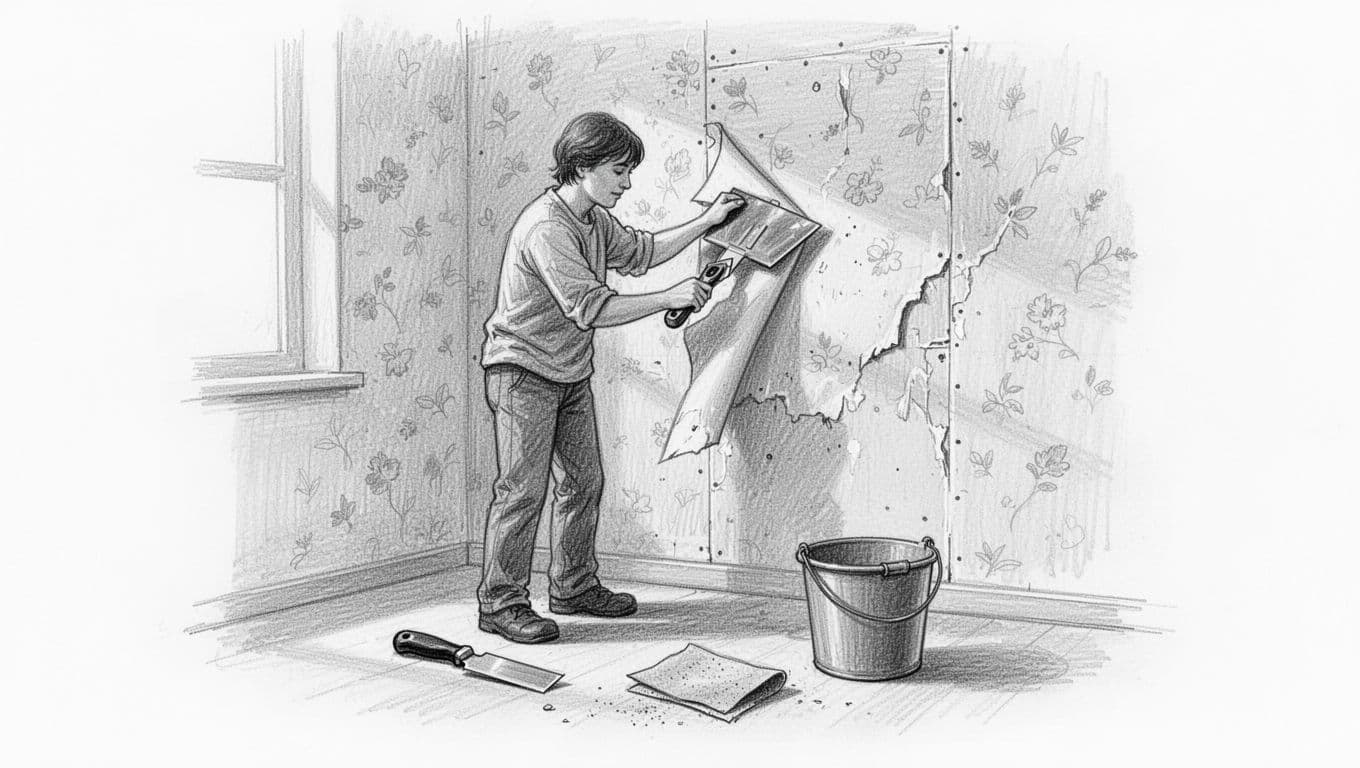 Graphite sketch showing one person carefully removing old wallpaper from gypsum board using dry methods: scoring with utility knife, peeling with plastic scraper, and sanding residues with fine sandpaper.