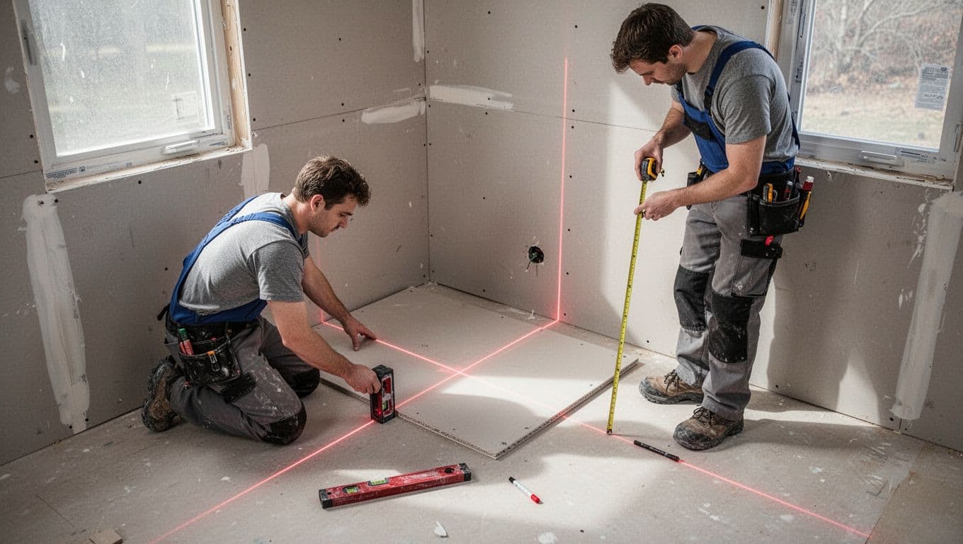 Hand-drawn graphite sketch of two workers preparing Trockenbauwand in a room corner: one kneeling using a laser level to project a straight red line on floor and wall, the other standing with tape measure checking distance, tools nearby, top-down view.