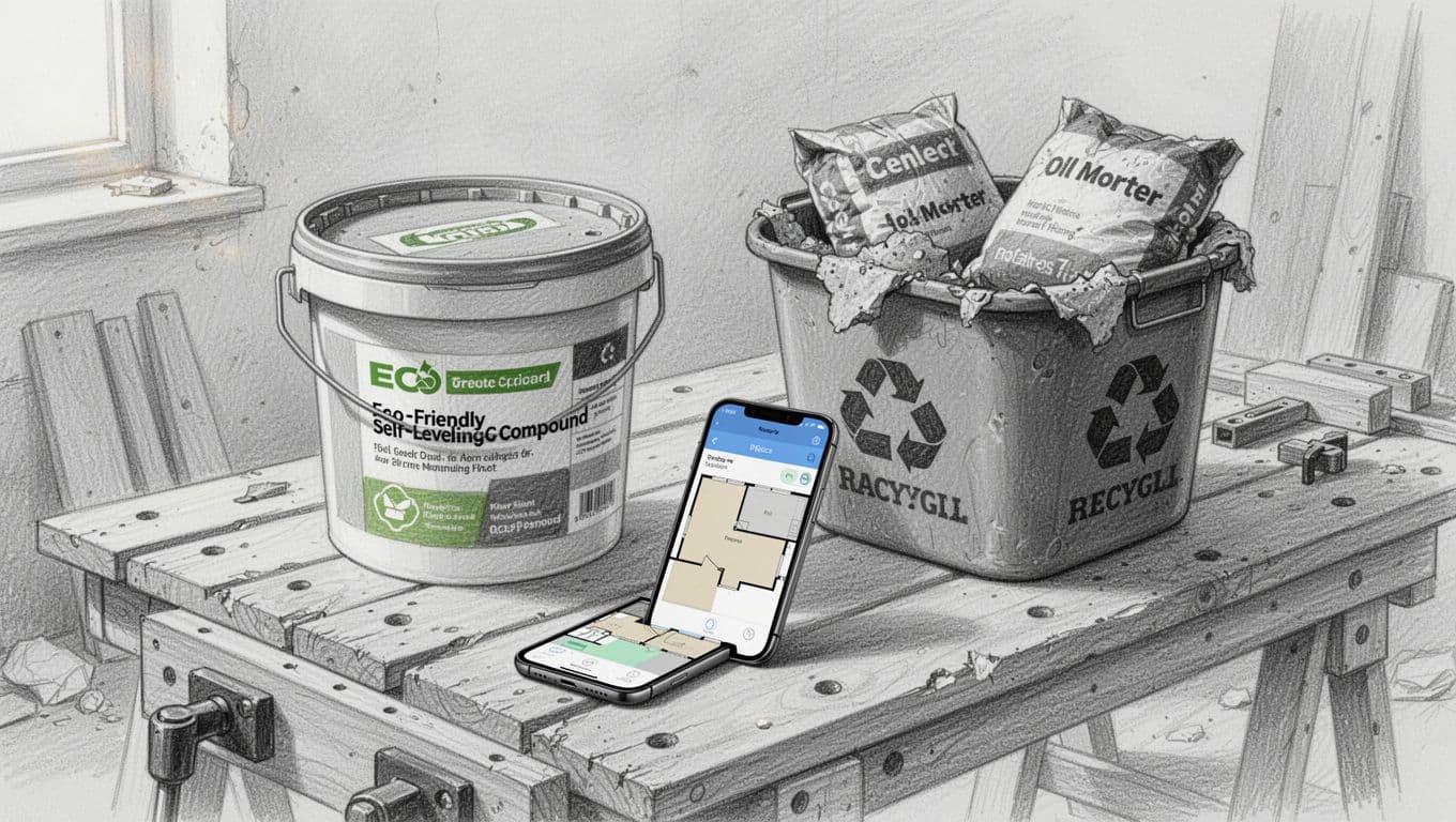 Hand-drawn graphite sketch of an eco-friendly self-leveling compound bucket, smartphone displaying a floor app, and recycling bin with renovation waste on a DIY workbench.