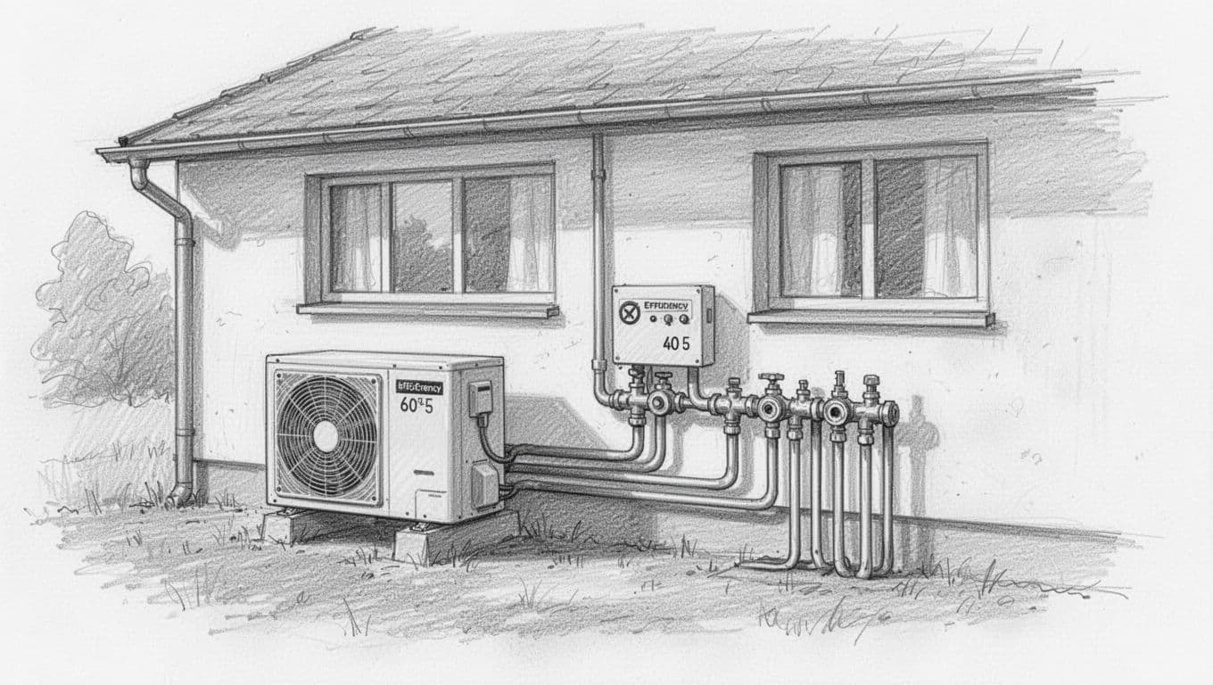 Hand-drawn graphite sketch of a house exterior with heat pump unit connected to indoor heating pipes, balanced by valves and pump symbols for efficiency, future-proof for GEG laws.