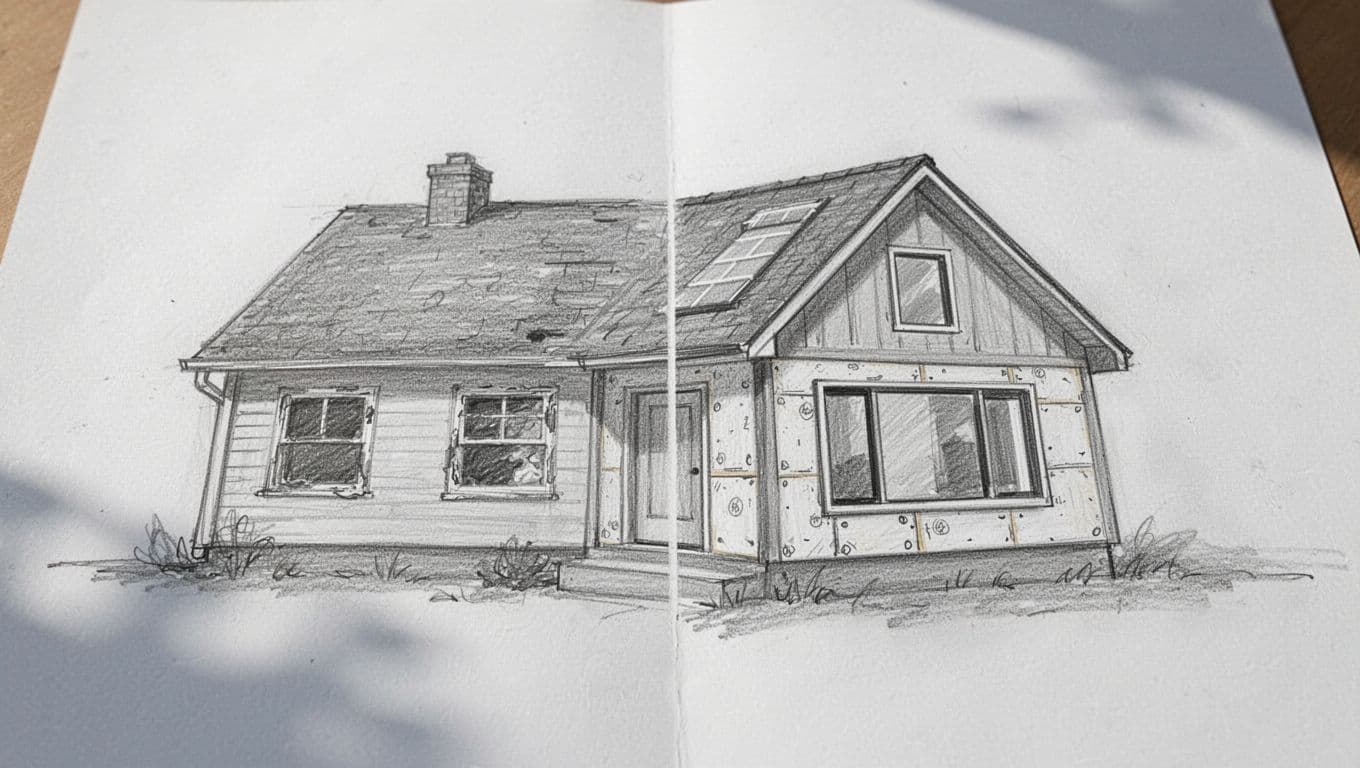 Hand-drawn graphite sketch on white paper showing single-family house exterior before and after energy-efficient renovation to Effizienzhaus standard, with old insulated house on left transforming to modern efficient version on right featuring better windows, roof, and walls.