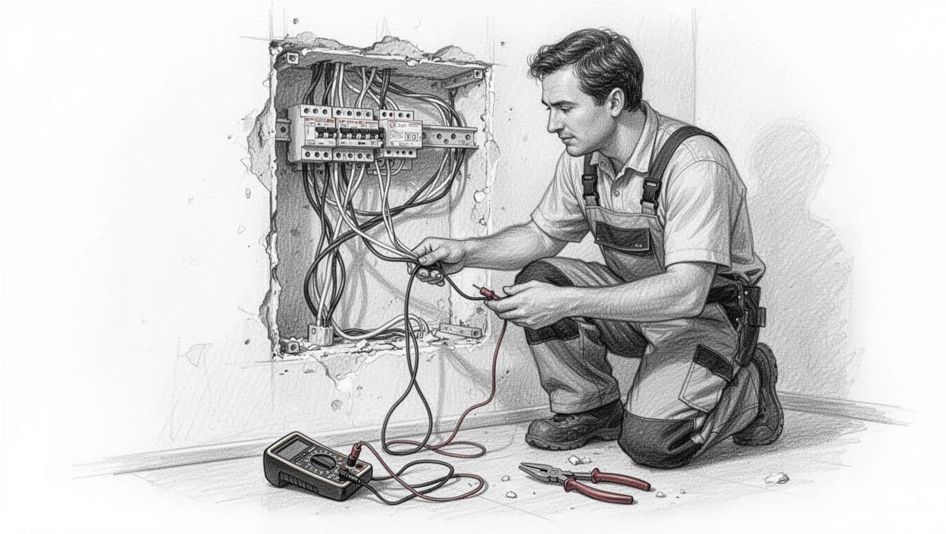 Hand-drawn graphite sketch of one electrician in work clothes inspecting electrical wiring in an open wall cavity during home renovation in a typical German house interior, with tools nearby.