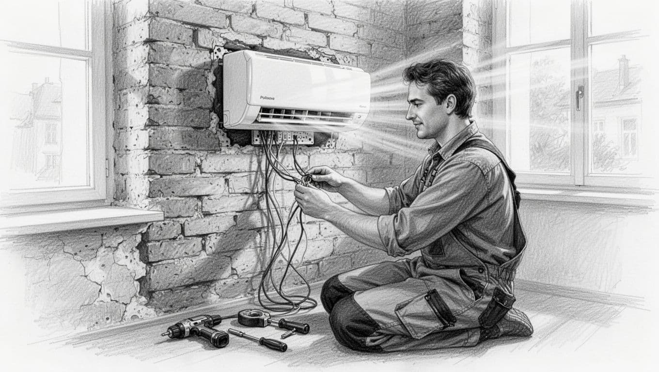 Hand-drawn graphite sketch on white paper depicting a certified electrician installing a single room ventilation unit in a thick old brick wall of an Altbau, showing safe wiring connection, tools nearby, one person with relaxed hands, directional arrows for air flow, light shading, clean composition, exactly one person present, no additional humans, no text, no logos, no watermarks.