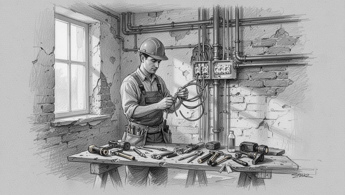 Hand-drawn graphite sketch depicting a professional electrician in an old building interior carefully replacing outdated wiring and gas pipes with modern installations, tools on workbench, focusing on safe work practices.