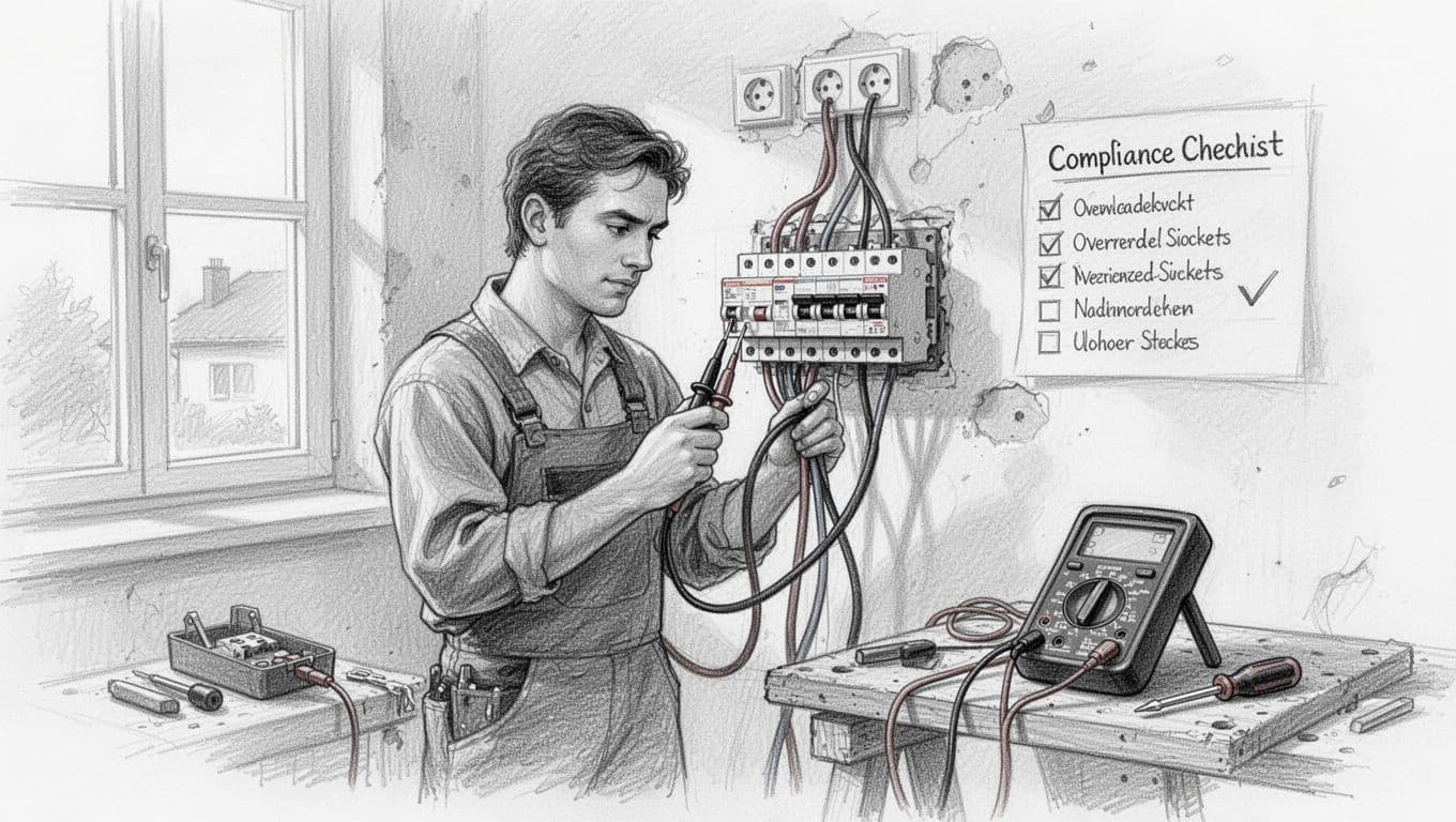Hand-drawn graphite pencil sketch of a certified electrician testing the FI-Schalter, inspecting cables for damage, and reviewing a GEG compliance form on an electrical distribution board during a German home renovation. Subtle icons of common errors like overloaded sockets, with tools such as multimeter and screwdriver nearby, using light shading and clean linework.