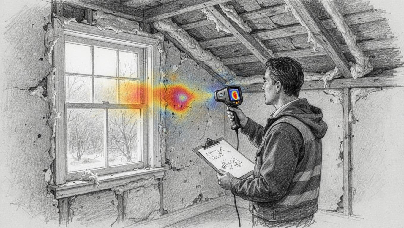 Hand-drawn graphite sketch depicting an energy consultant using a thermal camera to assess insulation on walls and roof in an old house, with clipboard charts and before-after comparison icons.