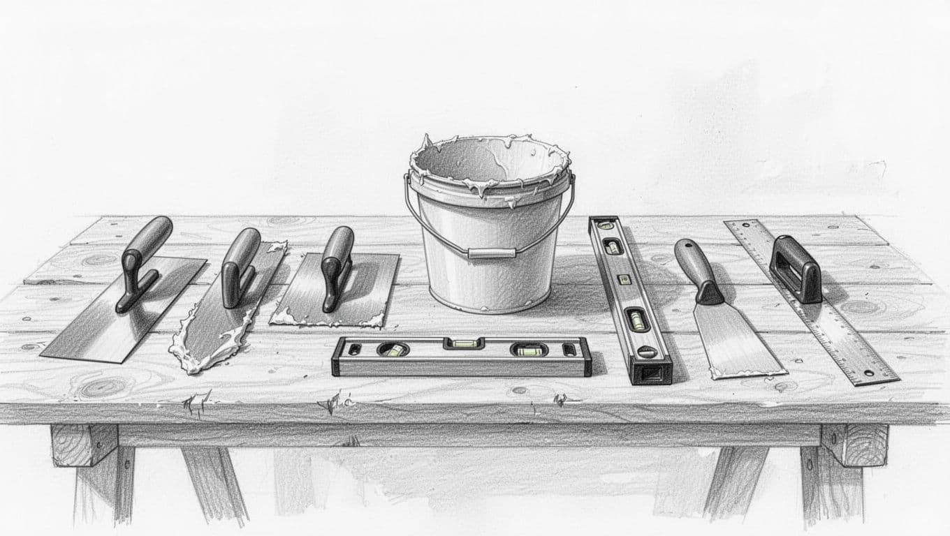 Hand-drawn graphite sketch of seven essential plastering tools neatly arranged left to right on a wooden workbench: trowel (Kelle), smoothing trowel (Glättkelle), hawk (Putzbrett), mixing bucket, spirit level (Waage), joint knife (Fugenmesser), and plastering rule.