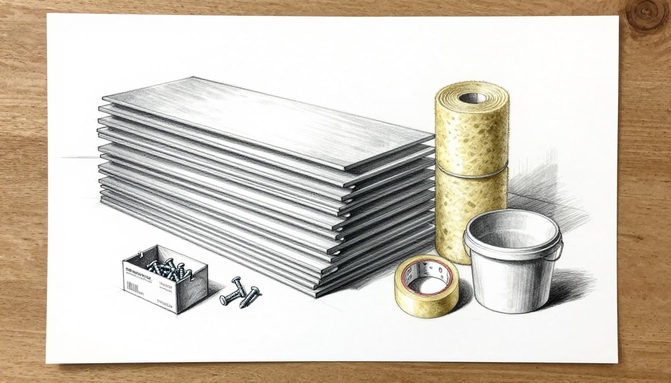 Hand-drawn graphite linework sketch with light shading on white paper: stack of metal CW and UW profiles, gypsum boards leaning against wall, roll of mineral wool insulation, box of screws, joint tape, and bucket of spackle compound arranged on a wooden workbench. Simple composition, top-down view.