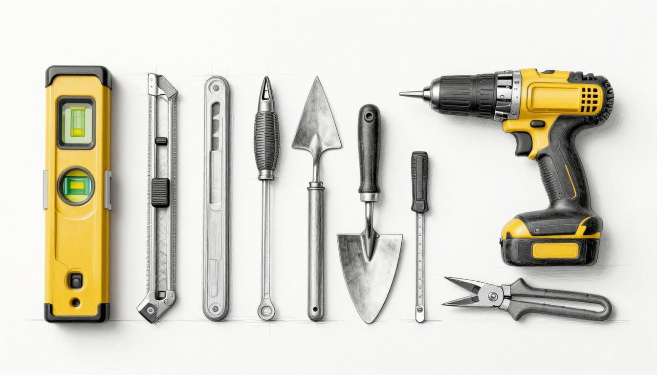 Hand-drawn graphite linework sketch with light shading on white paper, featuring key DIY tools for Trockenbau—laser level, cordless drill, tape measure, utility knife, trowel, sandpaper block, and metal snips—neatly organized on a workbench in side view.