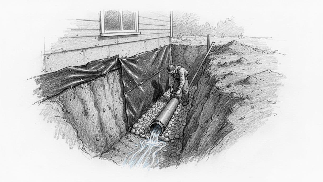 Hand-drawn graphite sketch illustrating exterior basement wall excavation with deep trench, bitumen membrane on wall, drainage pipe at base with gravel, and water flow arrows. One worker partially visible installing the pipe on a clean white background.