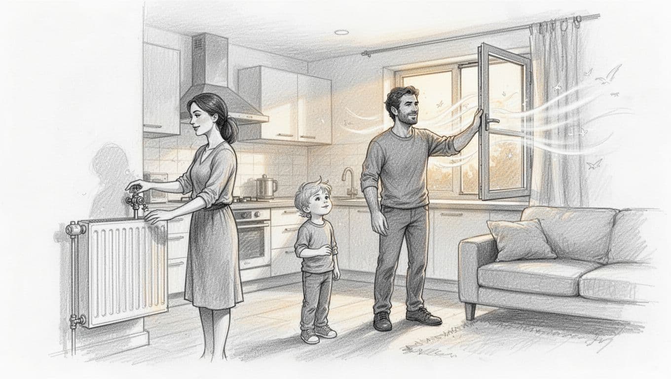 Hand-drawn graphite sketch of a family of three in a modern kitchen-living area: mother adjusting radiator valve open, father opening window for shock ventilation, child relaxed nearby with warm light and air flow lines.