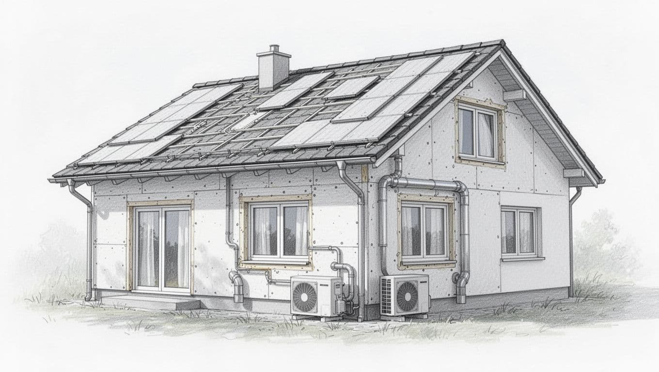 Hand-drawn graphite sketch on white paper showing a single family house exterior with renovation measures including facade and roof insulation, double-glazed windows, external heat pump, and ventilation ducts.