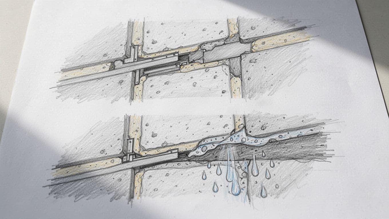 Zwei nebeneinander liegende Skizzen: oben Wärmebrücken durch defekten Anschluss, unten Feuchtigkeit durch unzureichende Abdichtung.