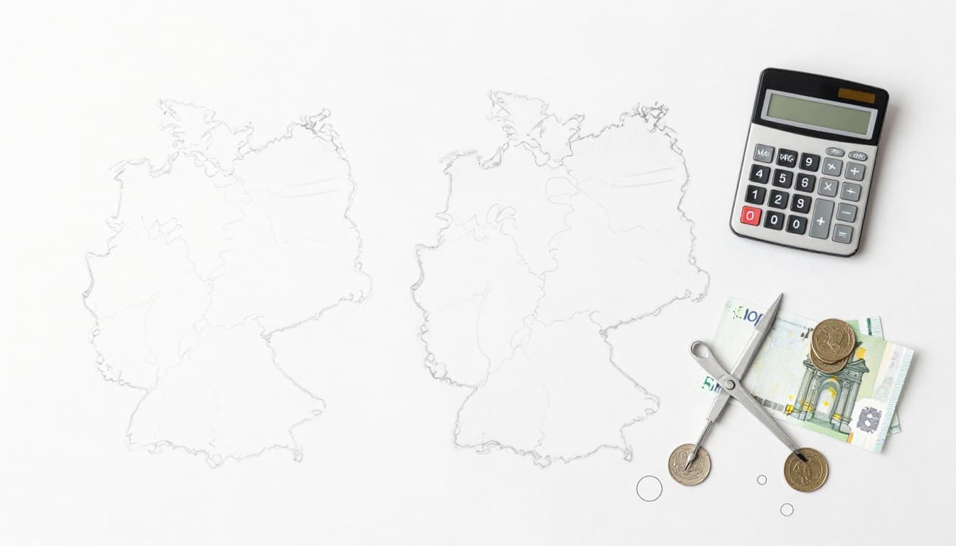 Hand-drawn graphite sketch on white background showing breakdown of window costs per square meter, featuring material stack, installation tools, subsidy coins subtracted, subtle Germany regional map outline, with calculator and euro notes nearby.