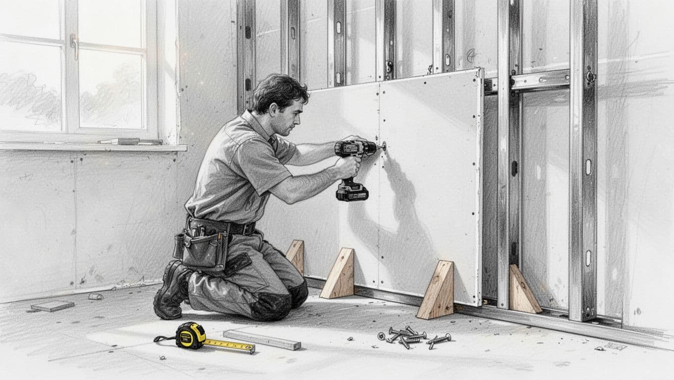 Hand-drawn graphite sketch of one person kneeling in workshop, screwing first gypsum board onto metal Trockenbau frame with cordless drill, using wooden wedges for floor spacing, tape measure and screws nearby.