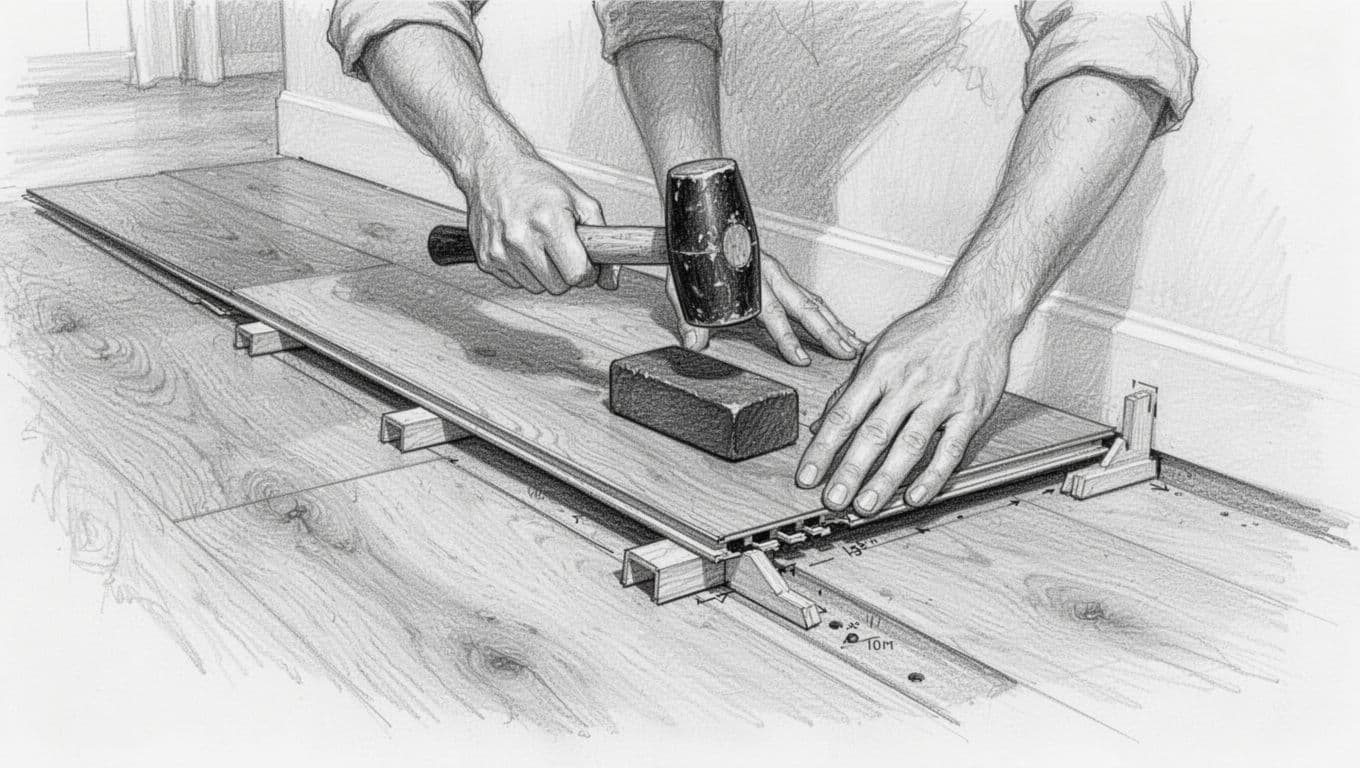 Hand-drawn graphite sketch of one person installing the first row of oak-look laminate planks along a living room wall, using a rubber mallet and tapping block to interlock them at a 45-degree angle while maintaining a 10 mm expansion gap with wedges.