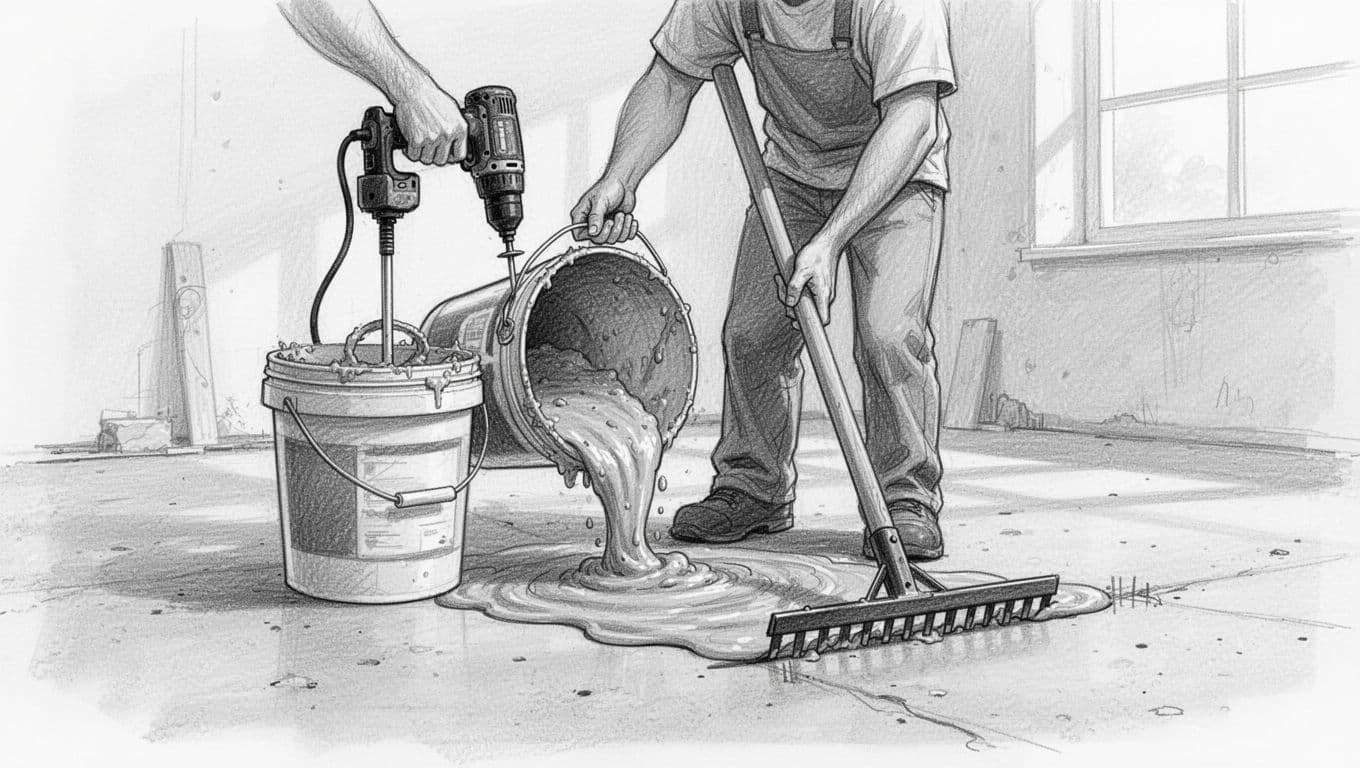 Hand-drawn graphite sketch of one person mixing floor leveling compound in a bucket with a drill paddle mixer, pouring it onto a concrete floor, and spreading it evenly with a toothed rake in a workshop setting with light shading.
