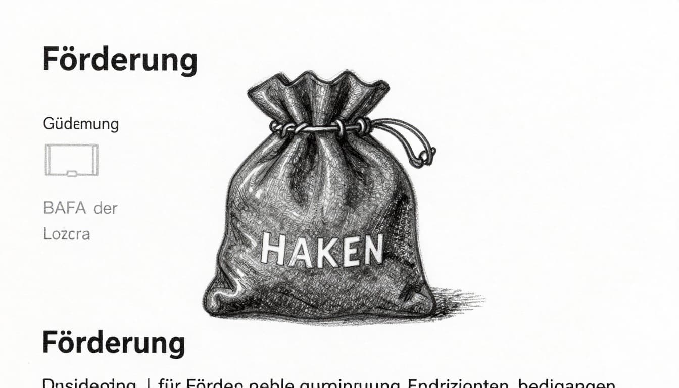 Handgezeichnete Skizze von Förderformularen, Zuschuss-Symbolen für Dämmung, Geldbeutel mit Fördergeldern und Haken bei Bedingungen in Graphite-Linework mit leichter Schattierung auf weißem Hintergrund.