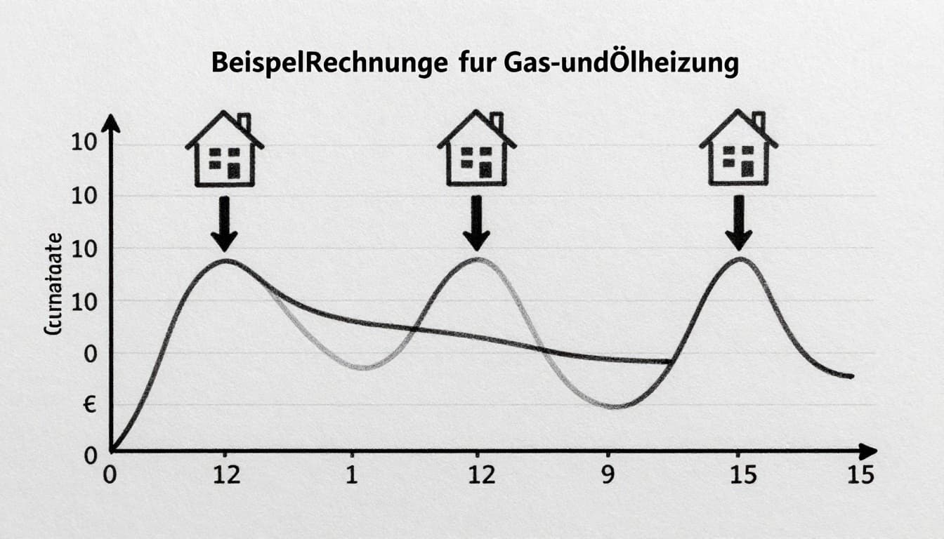 Hand-drawn graphite sketch on light gray background featuring three side-by-side line graphs for gas heating (7-year amortization), oil heating (8 years), and average case (9 years), with insulation icons and cumulative costs/savings over 15 years.