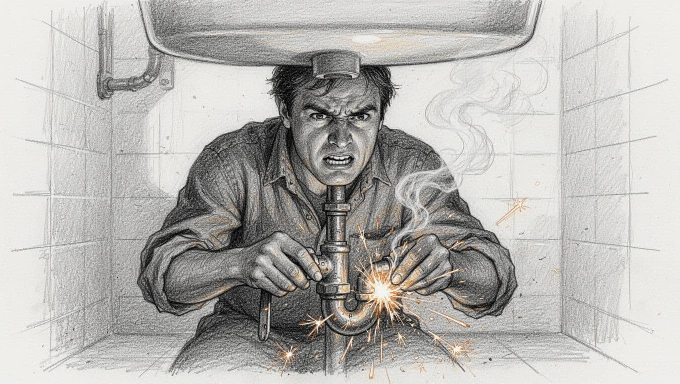 Hand-drawn graphite sketch depicting a homeowner tensely attempting to repair a leaking gas pipe under a bathroom sink, with sparks and smoke emerging to emphasize the severe hazard.