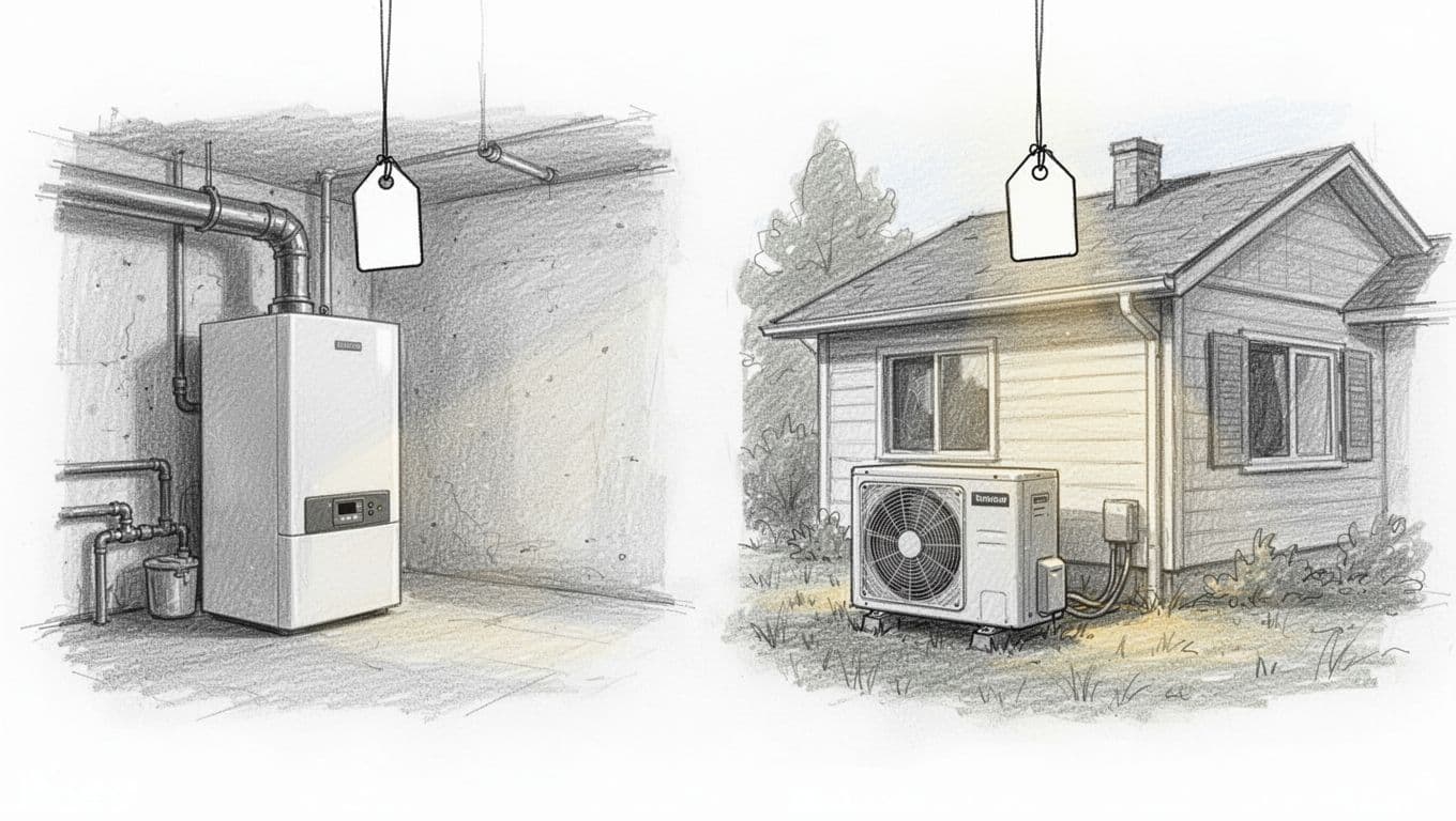 Handgezeichnete Skizze zeigt Gasheizungskessel im Kellerraum und Außengerät einer Wärmepumpe neben einem Einfamilienhaus nebeneinander zum Vergleich der Anschaffungskosten. Preisschild-Icons hängen ohne lesbaren Text, Graphitlinien mit leichter Schattierung auf weißem Hintergrund, landscape Format.
