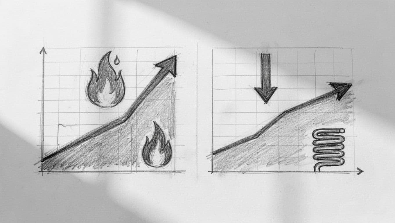 Handgezeichnete Skizze vergleicht die jährlichen Betriebskosten für Gasheizung und Wärmepumpe in einem Einfamilienhaus. Links explodierende Gaskosten mit CO2-Symbol und hohem Verbrauch, rechts stabile Wärmepumpenkosten mit Effizienz und sinkenden Strompreisen.