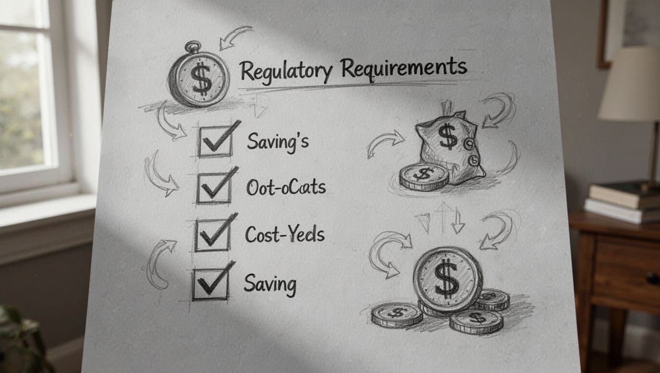 Hand-drawn graphite sketch featuring a simple checklist for GEG compliance and DIN norms alongside euro savings symbols and ventilation airflow arrows in a home setting on light gray paper.