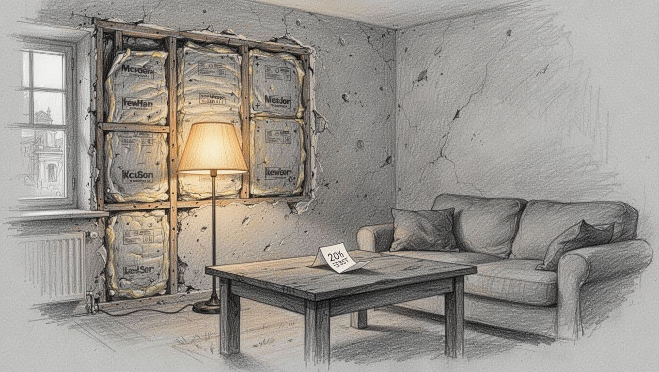 Handgezeichnete Skizze eines gemütlichen Wohnzimmers in einem Altbau mit frisch gedämmten Innenwänden, sichtbaren Dämmplatten hinter offener Wand, warmer Lampenbeleuchtung, trockenen Wänden und Symbolik für niedrige Heizkosten durch kleine Rechnung.