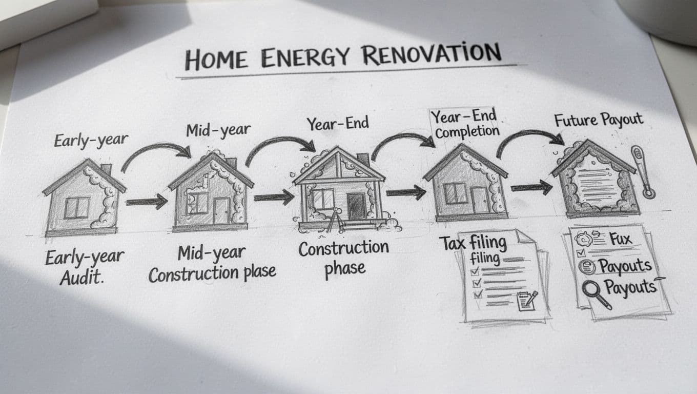 Hand-drawn graphite sketch of a yearly calendar timeline for home energy renovation tax bonus in Germany 2026, illustrating key milestones like Q1 energy audit, Q2-Q3 construction, 2026 completion, 2027 tax declaration, and 2028-2029 payouts with house insulation icons and sequence arrows on a clean white background.