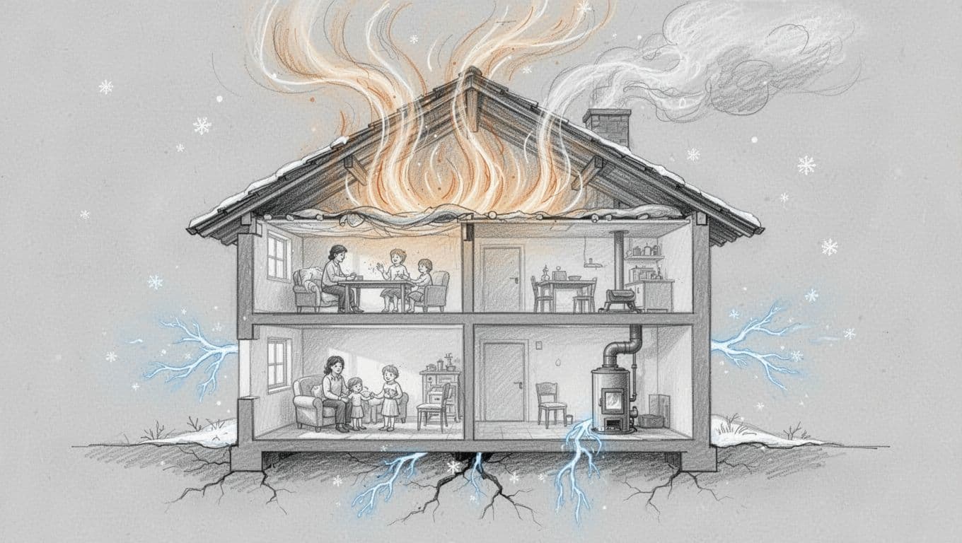 Hand-drawn graphite sketch of a cross-section through a pre-1977 German old house, showing heat waves escaping from the warm top-floor room via thin uninsulated ceiling into cold attic, with gas boiler below and cold drafts entering cracks.