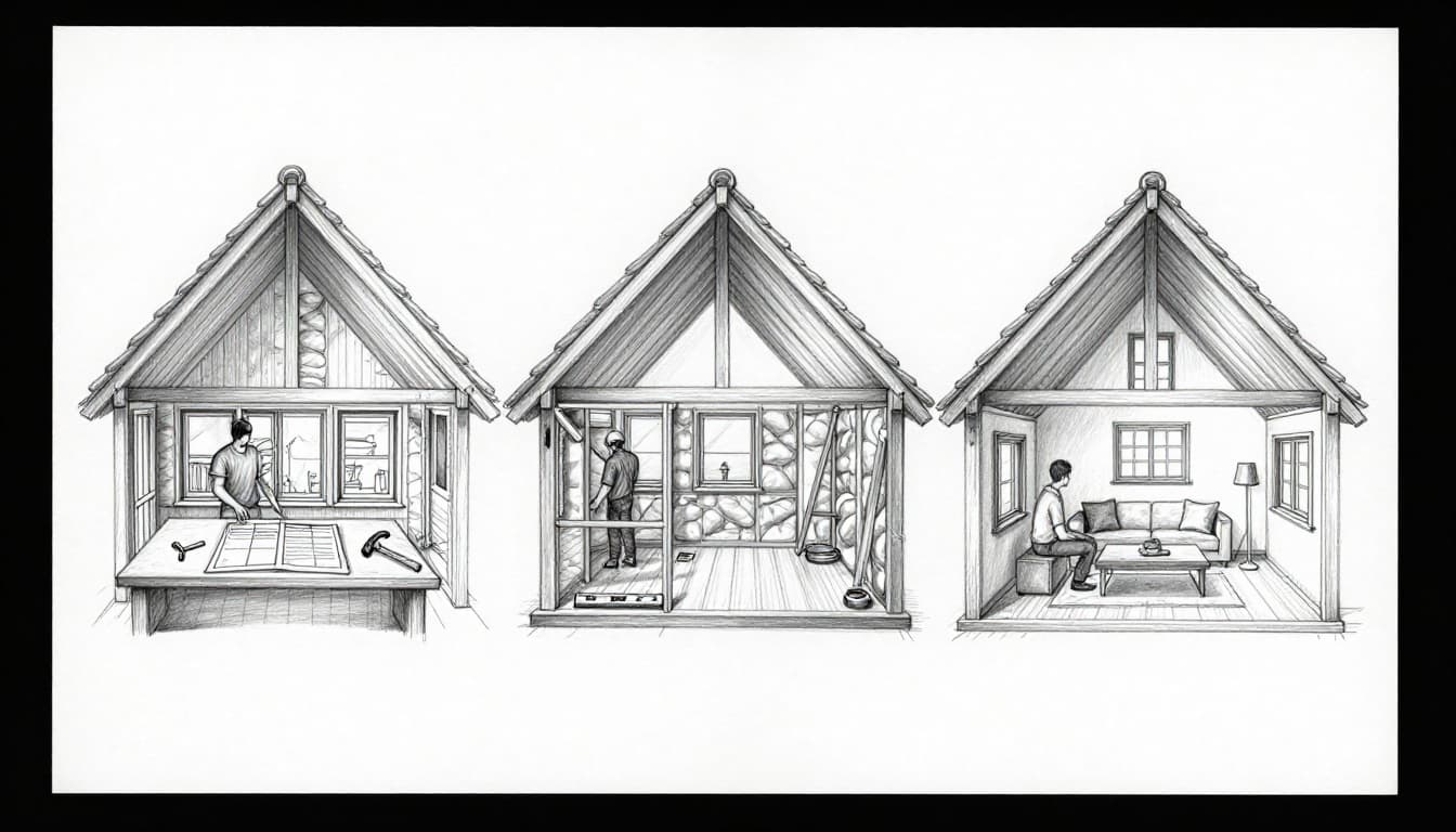 Hand-drawn graphite pencil sketch depicting three stages of attic conversion in a typical German single-family house: planning with blueprints and permits, construction with insulation and walls, and finished cozy living room under sloped roof.