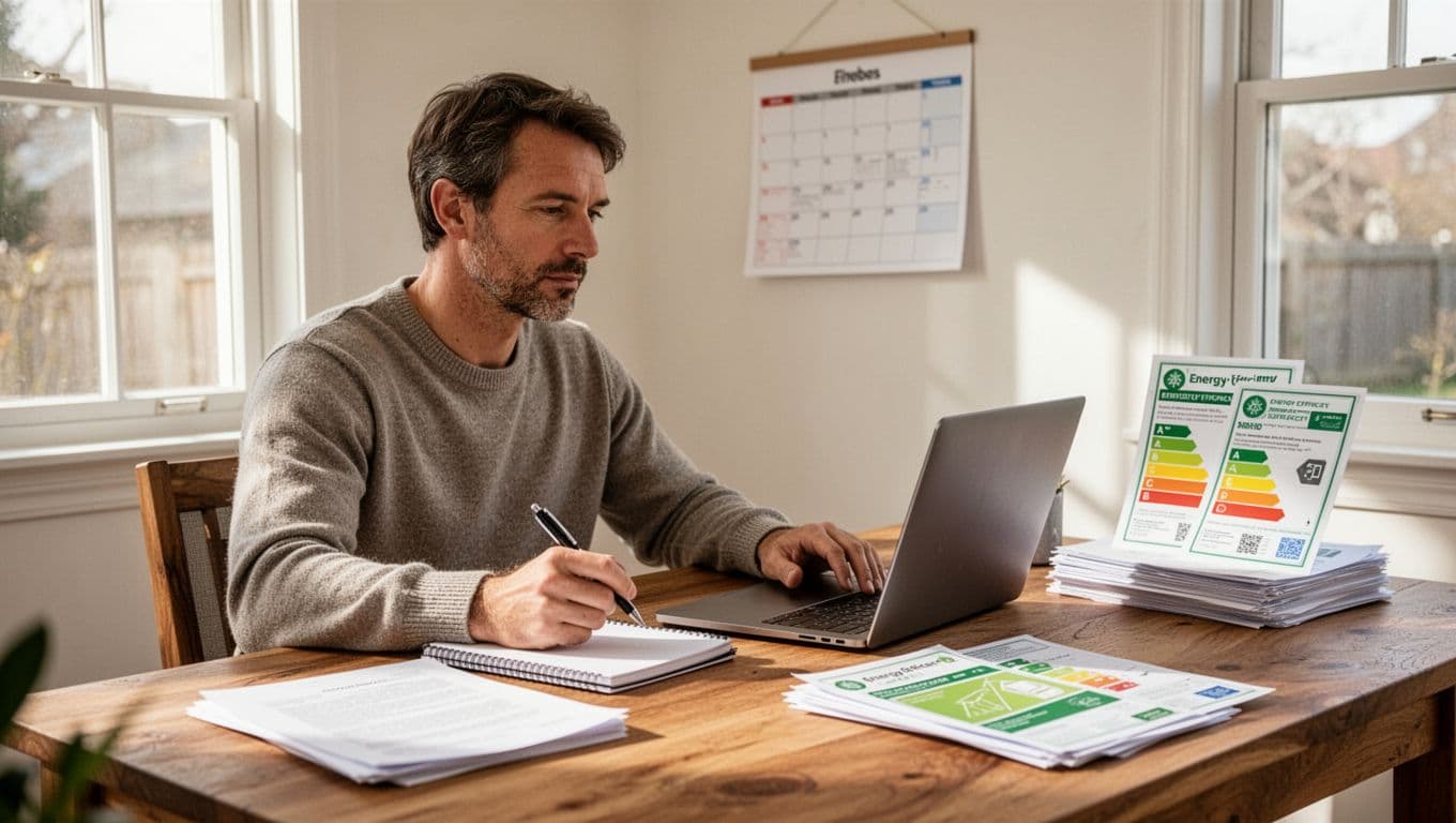Hand-drawn graphite sketch of a German homeowner relaxed at a wooden home office desk with laptop showing online application form, energy efficiency certificates, documents, 2026 calendar with checkmarks, pen and notepad nearby. Slight angle view with natural daylight on clean white background.