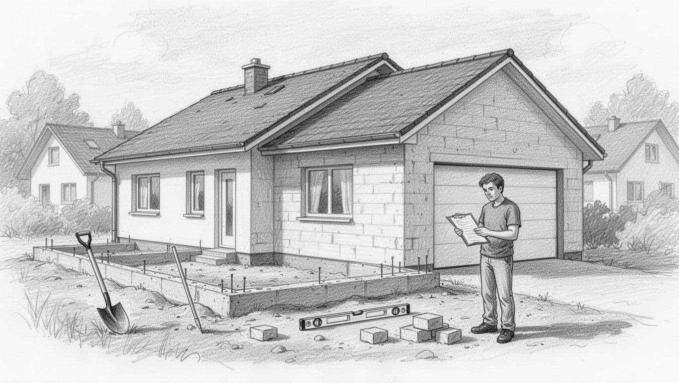 Hand-drawn graphite pencil sketch on white paper showing a typical German single-family house in a suburban neighborhood with a newly constructed 50-60 m² garage annex attached to the side, including construction elements and a worker holding cost breakdown and permit papers.