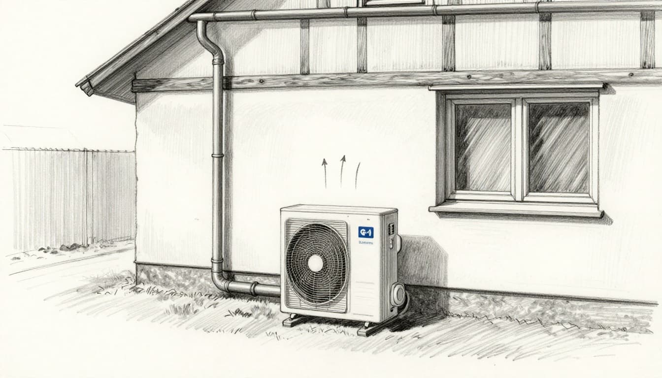 Hand-drawn graphite sketch of a typical German single-family house exterior featuring an air-water heat pump unit, efficiency arrows, and insulated walls.